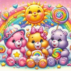 three teddy bears are standing next to each other in front of a rainbow and sun