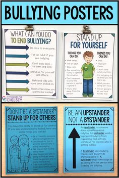 These 16 bullying posters will help your students learn what bullying is, the types of bullying, how to stand up for themselves and others, and the importance of spreading kindness. Display these posters in your school counseling office or throughout the school. These are a great way to promote bullying prevention school wide. #CounselorChelsey #BullyingPrevention #SchoolCounseling Kindness Display, Teaching Wonder, School Counseling Office, Spreading Kindness, Counseling Office, School Social Work, Counseling Activities