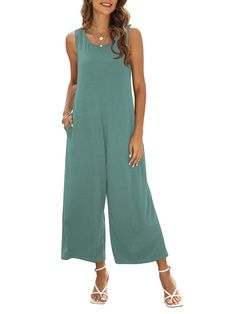 PRICES MAY VARY. Material: 60% polyester + 35% cotton and 5% spandex, soft and stretchy, comfortable to wear. Features: Women's Sleeveless Jumpsuit, Scoop / Crew Neck, Two Pockets on the Sides, Solid Color Jumpsuit, Loose Fit, Wide Leg, Long Jumpsuit, Keyhole Back for Easy Wear. Size: S=US (4-6), M=US (8-10), L=US (10-12), XL=US (14-16), XXL=US (18-20) ); please allow 1 inch/2 cm measurement error. Applicable Occasions: Daily life, dating, party, office, beach, vacation, club wear and many more Long Pant Jumpsuit, Tank Jumpsuit, Solid Color Jumpsuits, Overall Jumpsuit, Loose Tank, Cropped Wide Leg Pants, Wear Green, Long Jumpsuits, Sleeveless Jumpsuits