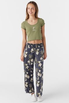 O'Neill Girl's Woven Pant 26'' Inseam Length, 9 1/4'' Rise Length Smocked Waist 100% Viscose Crinkle Casual Full Length Rayon Bottoms, Casual Floral Print Full-length Bottoms, Casual Full-length Bottoms With Floral Print, Casual Full Length Bottoms With Floral Print, Casual Straight Leg Pants With Floral Print, Casual Straight Leg Floral Print Pants, Casual Relaxed Fit Floral Print Bottoms, Green Floral Print Casual Bottoms, Casual Floral Print Vacation Bottoms