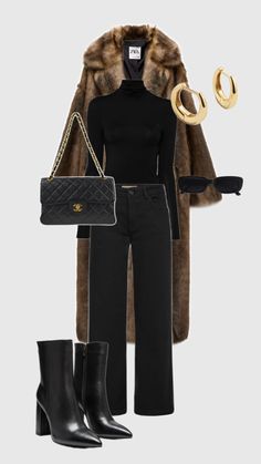 a woman in black outfit and fur coat with boots, handbag and purse on grey background