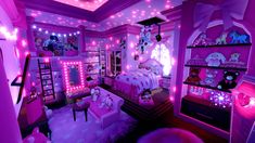 a bedroom with pink lights and teddy bears on the walls