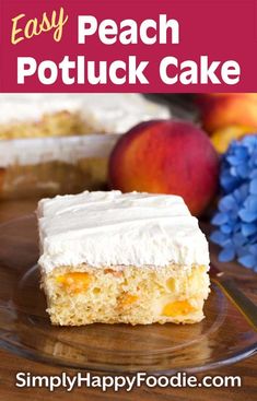 easy peach potluck cake on a glass plate