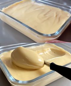 a person holding a spoon in front of a container filled with mayonnaise sauce