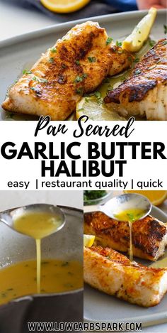 pan seared garlic butter halibut recipe on a plate with lemon wedges