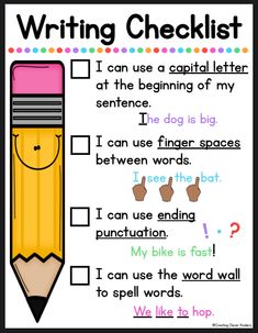 a writing checklist with pencils and words on the page, which are in different colors