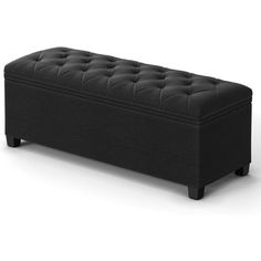 a black bench with buttons on the top and legs, sitting in front of a white background