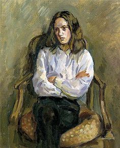 a painting of a woman sitting in a chair with her arms crossed and looking off to the side