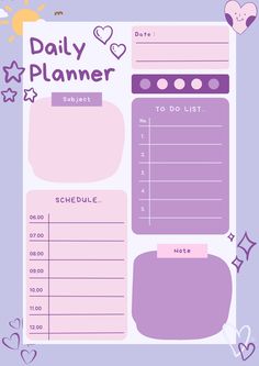 the daily planner is shown with hearts and stars on it, as well as an image of