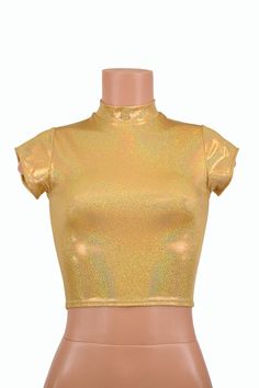 Gold Sparkly Jewel Cap Sleeve Crop Top with Short Collar - 156822 Gold Shirts For Quinces, Gold Glitter Top Outfit, Cheap Gold Tops With Buttons, Cheap Vintage Gold Tops, Top Dorado, Holographic Top, Gold Crop Top, Yellow Clothes, Sparkly Top