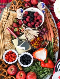 a platter filled with fruits, vegetables and pretzels