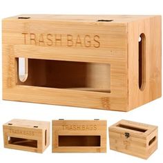 three wooden boxes with the words trash bags printed on them, and two empty ones