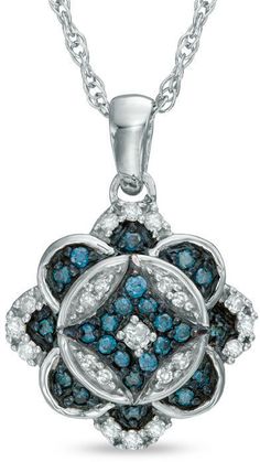 Zales 1/4 CT. T.W. Enhanced Blue and White Diamond Vintage-Style Clover Pendant in Sterling Silver Clover Pendant, Lucky In Love, Fashion Pendant, Sweet Style, Diamond Fashion, Vintage Diamond, White Diamonds, Rope Chain, Spring Rings