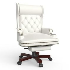 an office chair with white leather upholstered