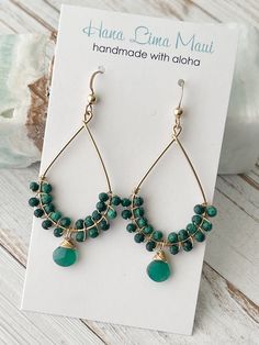 14 kt gold fill, malachite and green onyx earrings. About 2 1/4 inch long, 1 1/4 inch wide. Free shipping, USPS in the U.S. Green Spiritual Jewelry With Dangling Beads, Spiritual Green Jewelry With Dangling Beads, Gold Bohemian Jewelry With Malachite, Gold Bohemian Malachite Jewelry, Red Quartz, Puka Shell, Basic Jewelry, Onyx Earrings, Pink Ombre