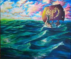 a painting of a pirate ship in the middle of the ocean with an eagle on it