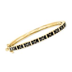 Ross-Simons - Black Enamel X Bangle Bracelet in 18kt Gold Over Sterling. 8". Style points go to bold color, especially when it's used in a stack! Our contemporary bangle bracelet features bars of black enamel all the way around, each embellished with a shiny 18kt yellow gold over sterling silver X. Hinged with a double-latch safety. Box clasp, black enamel X bangle bracelet. Black Gold Bangles, Safety Box, Black Bangle, Enamel Bangle, Fine Jewelery, Box Clasp, Sterling Jewelry, Fine Jewelry Bracelets, Bold Color