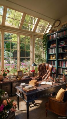 a room filled with lots of books and furniture next to a window covered in plants