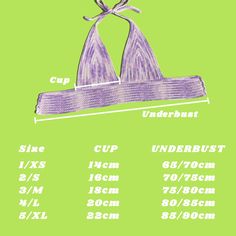 the measurements for an underbust bralet, which is shown in purple and green