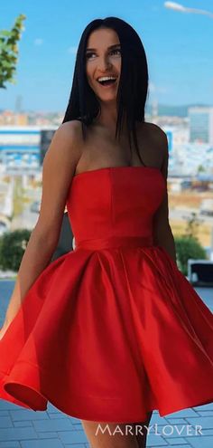 Red Satin Strapless A-line Short Backless Homecoming Dresses, HM1068 – MarryLover Niche Interests, Hoco Ideas, Simple Homecoming Dresses, Recruitment Outfits, Mini Homecoming Dresses, Formal Ball Gown, Satin Homecoming Dress, Red Homecoming Dresses