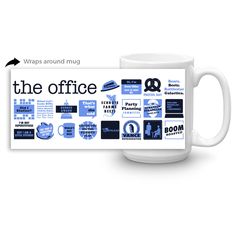 a white coffee mug with blue images on it and the words, wraps around mug