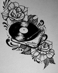 a drawing of a record player with roses on the side and an old school tattoo design