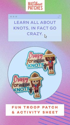 two badges with the words crazy knot's and an image of a cowboy on them