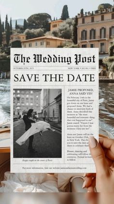 a person holding up a newspaper with the words save the date