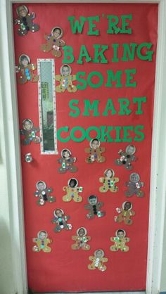 a door decorated with buttons and saying we're baking some smart cookies