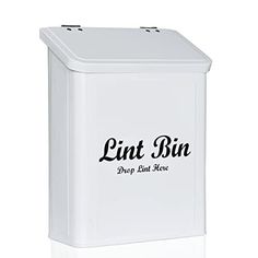 a white box with the word lint bin on it's side and black lettering