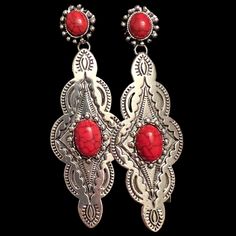 Drop Earrings Silver Toned Red Accent Country Western Red Metal Drop Earrings, Red Bohemian Sterling Silver Earrings, Red Metal Dangle Earrings, Bohemian Red Nickel-free Earrings, Black Pearl Earrings, Drop Earrings Silver, Native American Earrings, Heart Dangle Earrings, Western Jewelry