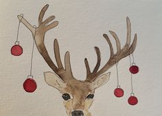 a drawing of a deer with christmas ornaments hanging from it's antlers