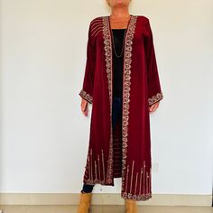 A Stunning Sequinned and Beaded Boho Hippy Kimono Jacket.  Goddess Chic ;Perfect for Weddings,Holidays,Festivals,Special Events and Parties. Handmade from a Vintage Indian Sari so truly Unique,and Sustainable. The fabric is a Gorgeous and Flattering Wine Silk Crepe , with Exquisite Gold and Silver Embellishment and featuring 1000's of Glittering Beads and Sequins One size fits Small ,Medium ,Large.  UK 8 to 14     US 4 to 10     EU  36 to 42  The length is 132 cm / 52 ". The chest is 102 cm / 40 Traditional Fitted Embellished Outerwear, Fitted Traditional Embellished Outerwear, Festive Long Fitted Outerwear, Festive Party Outerwear With Intricate Embroidery, Long Sleeve Party Outerwear With Intricate Embroidery, Traditional Outerwear With Intricate Embroidery For Parties, Festive Embroidered Outerwear For Party, Festive Embroidered Party Outerwear, Embellished Fitted Long Abaya