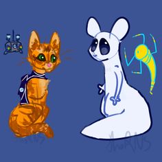 an orange and white cat sitting next to a cartoon character in front of a camera