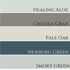 the color scheme for shelsea gray, pale oak, newburg green and smoky green