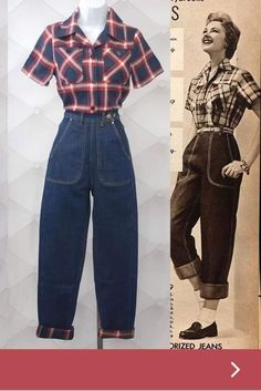 an old photo of a woman's overalls and the same outfit worn by her