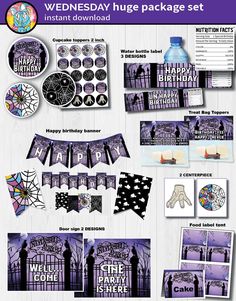 a purple and black halloween party package with decorations