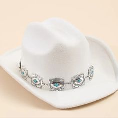 Women's Beautiful White Cowgirl Hat With Silver Concho Chain New In Boutique White Brimmed Western Mini Hat, Trendy White Hat Bands With Flat Brim, Trendy White Flat Brim Hat Bands, Western Style White Wide Brim Mini Hats, White Adjustable Felt Hat For Festival, Adjustable White Felt Hat For Rodeo, Adjustable White Felt Hat For Festivals, White Country Style Felt Hat For Beach, White Country Style Felt Hat For The Beach