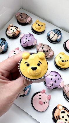 a person is holding a cupcake in front of many small cupcakes