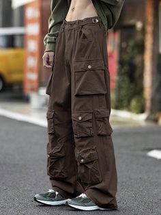 Coffee Brown Street Collar  Woven Fabric Plain Cargo Pants Embellished Non-Stretch  Men Clothing Brown Cargo Shorts Outfit Men, Grunge Pants Men, Brown Outfits Men, Olive Green Cargo Pants Outfit, Cargo Pants Brown, Brown Pants Men, Men Cargo Pants, Pants Embellished