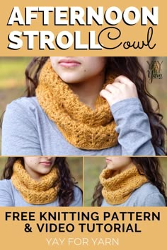 a woman wearing a knitted cowl with the text, free knitting pattern and video