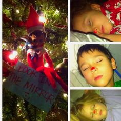 four pictures of children sleeping under the christmas tree, and one has a sign that says look in the mirror