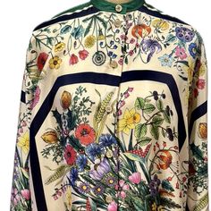 Gucci Fabulous 100% Silk Multi Floral Design Tunic/Blouse, Perfect Unique Style, Size M/L Multicolored Blouse, 2024 Christmas, Perfect Style, Tunic Blouse, Christmas Wishlist, White Green, Unique Style, Floral Design, Top Blouse