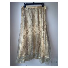 Beautiful Lace Satin Overlay Skirt Perfect For Any Formal Occasion Size 10 Measurements Are Shown In Photos Gold Long Skirt For Formal Occasions, Gold Skirt For Spring Formal Occasion, Gold Lined Skirt, Gold Lined Long Skirt, Gold Long Lined Skirt, Festive Tiered Skirt For Spring, Spring Festive Tiered Skirt, Festive Spring Tiered Skirt, Gold Flowy Full Skirt