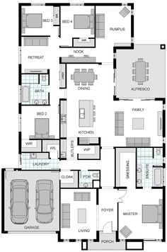 the floor plan for a two story house with three car garages and an attached living area