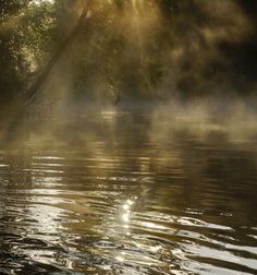 the sun shines through the mist on the water as it reflects in the lake