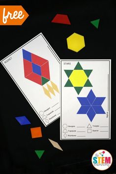 two different colored shapes are shown on the black background with free printables to make them look like they were made out of construction paper