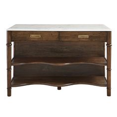 a wooden table with two drawers and marble top on the bottom, against a white background