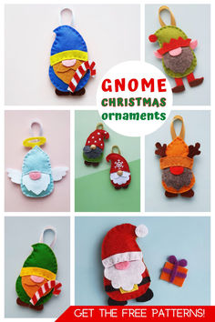 christmas ornaments made out of felt with text overlay that says gnome christmas ornaments get the free patterns