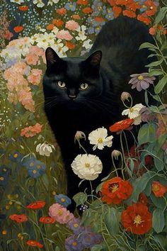 a painting of a black cat surrounded by flowers